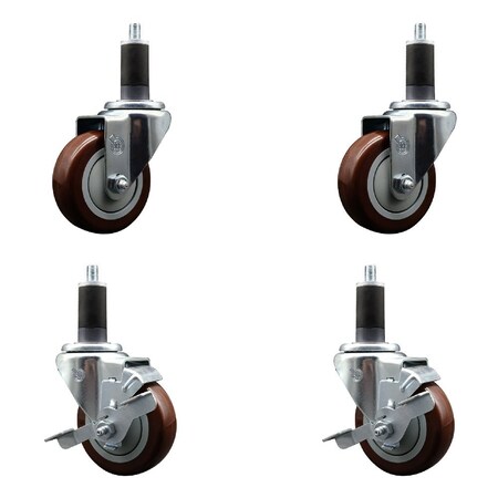 Service Caster 3.5'' Maroon Poly Wheel Swivel 1-1/4'' Expanding Stem Caster Set 2 Brakes, 4PK SCC-EX20S3514-PPUB-MRN-2-TLB-2-114